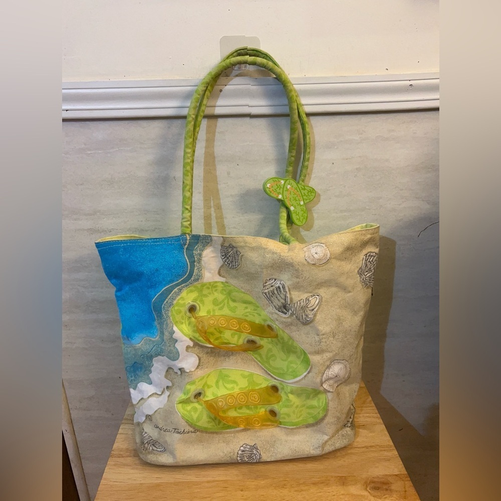 Andrea Tachiera Green Flip-Flop Canvas Beach Day Tote Bag